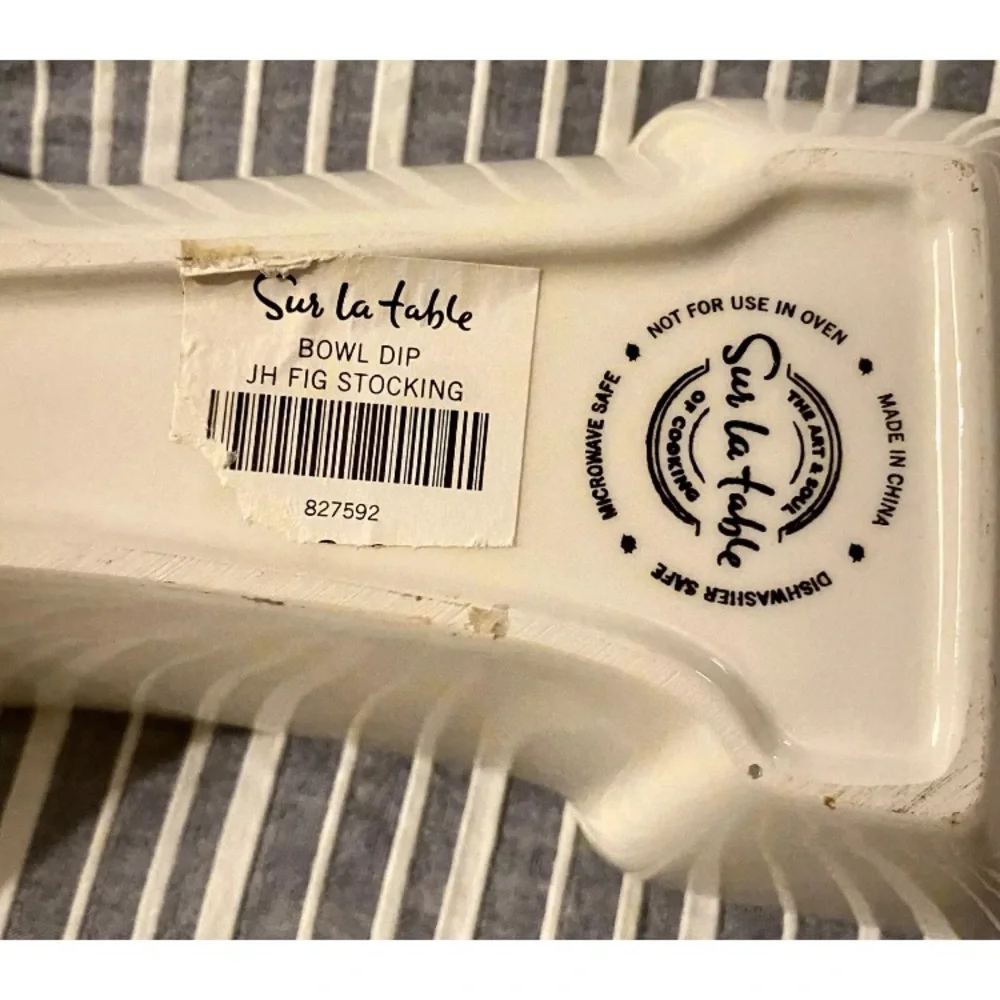 SUR LA TABLE 8” Long Ceramic Dip Candy Bowl Stocking Shape Classic Holiday EUC